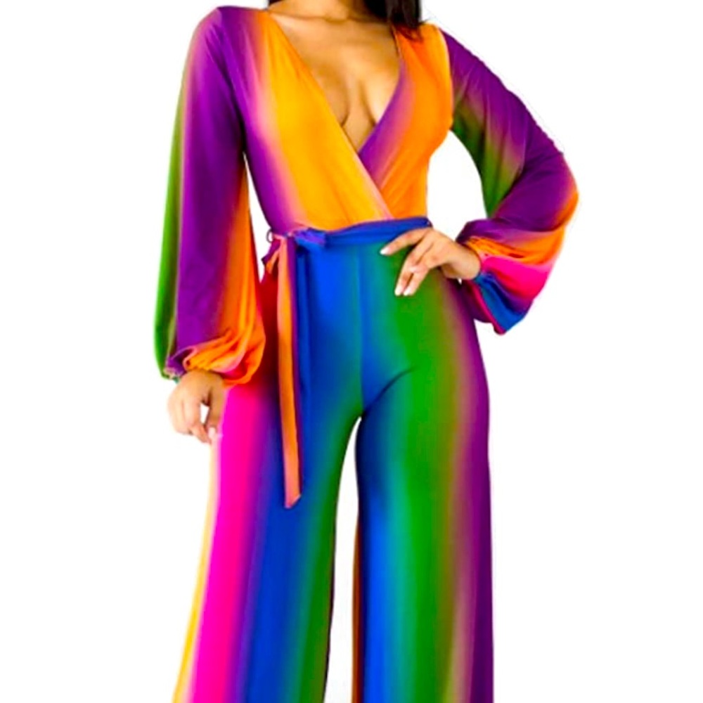 Costume, Gradiant V Neck Wide Leg Bell- Bottom Casual, Multicolor, Size X-Large